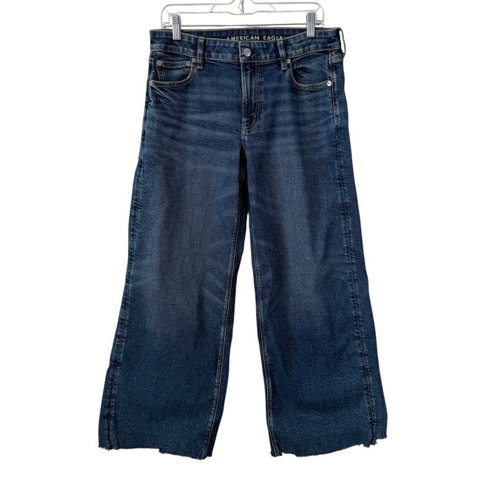 American Eagle Stretch Low Rise Baggy Wide Leg Jeans Raw Hem Size 8 Short Grunge